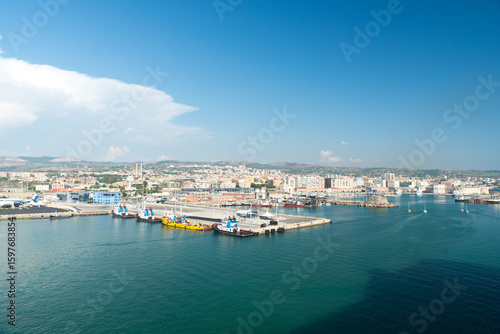 View from the sea of the port of Civitavecchia in Italy, Europe. Civitavecchia is a sea port on the Tyrrhenian Sea, it is located 80 kilometres west-north-west of Rome.