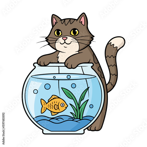 Cat and fishbowl cartoon, colored cartoon with line art and white background. AI generated image.