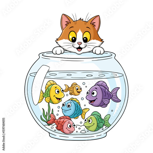 Cat and fishbowl cartoon, colored cartoon with line art and white background. AI generated image.