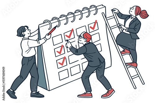 Business Planning Concept. Vector cartoon illustration of a group of people in business outfits making notes on a calendar with tasks.person, businesswoman, company, corporate, discussion, diverse, 