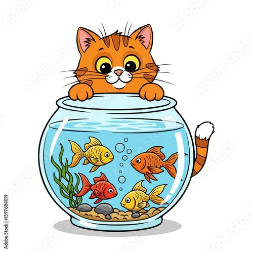 Cat and fishbowl cartoon, colored cartoon with line art and white background. AI generated image.