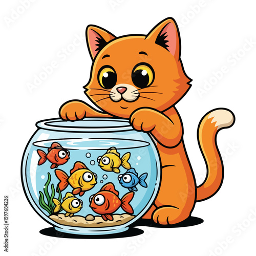 Cat and fishbowl cartoon, colored cartoon with line art and white background. AI generated image.