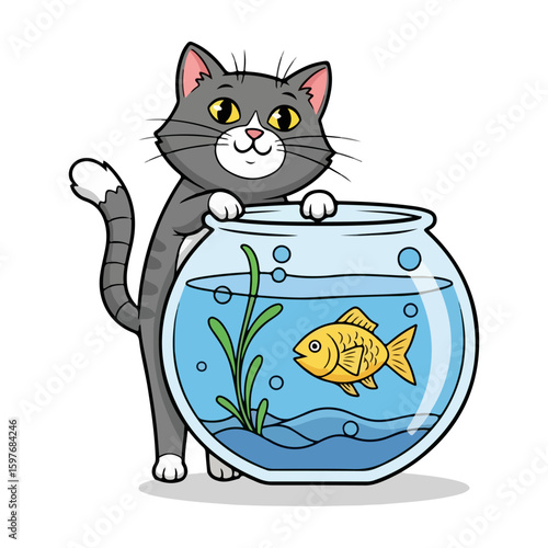 Cat and fishbowl cartoon, colored cartoon with line art and white background. AI generated image.