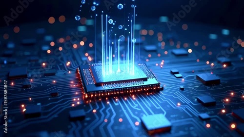 Futuristic microchip emitting blue energy beams amidst a digital circuit board background