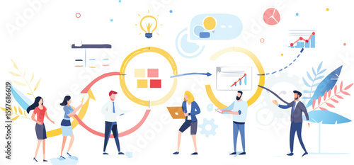 Team collaboration illustration showing people working together on a project workflow process cycle
