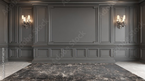 Dark gray room with ornate panelling