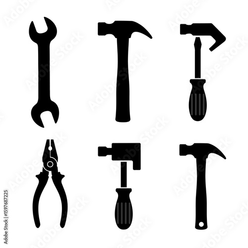 Collection of six black silhouette icons representing common tools like wrenches, hammers, screwdrivers, and pliers on a white background.