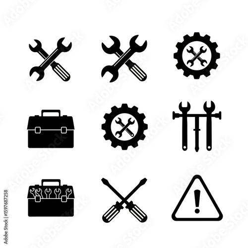 Collection of nine monochrome tool icons, including wrenches, screwdrivers, a toolbox, gears, and a warning sign, ideal for repair, maintenance, or DIY projects, suitable for websites and