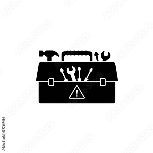 A sleek black silhouette icon depicts an open toolbox filled with various repair and maintenance tools, featuring a prominent warning triangle on a clean white background.