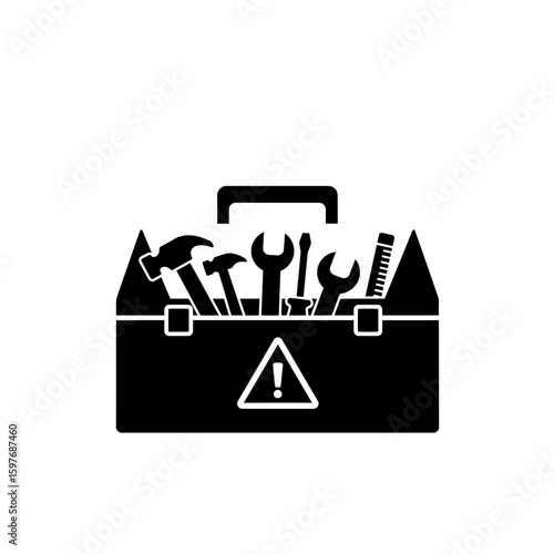 A black and white illustration of a toolbox filled with various tools, including hammers, wrenches, and a screwdriver, with a warning sign indicating caution.