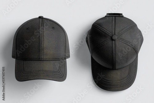 Two black baseball caps, top view