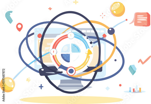 Illustration of a desktop computer with a circular chart and orbiting elements around it