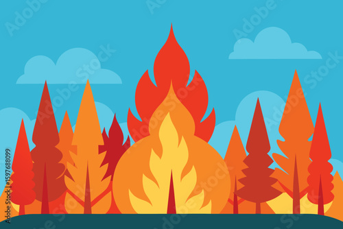 Cartoon Wildfire Illustration: Forest Fire Disaster, Climate Change, & Environmental Impact