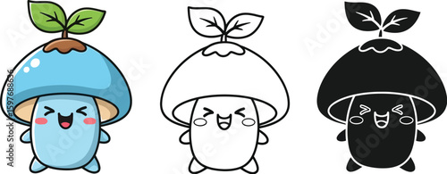 Cute mushroom character vector illustration design for kids coloring book and print art