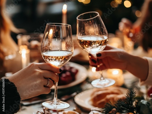 Photo of two friends clinking wine glasses over a festive dinner table