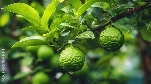 Intricately detailed scene of a bergamot tree in a serene organic garden with fresh medicinal fruits highlighting natural wellness