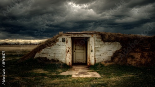 Evocative rendering of a weathered tornado shelter entrance amid rustic surroundings capturing antique construction and the enduring spirit of storm preparedness