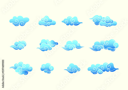 Ornamental clouds icon sign elements set. Chinese, japan, asian waves curly smoke and shapes isolated.