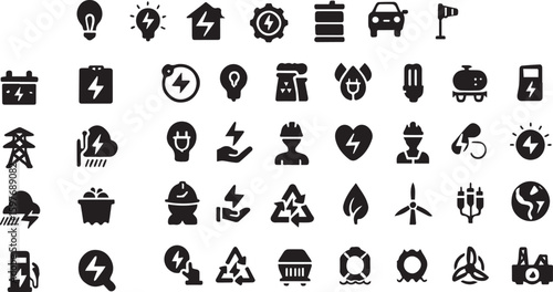 Electric & Renewable Energy Icons Set – Power, Battery, Eco & Recycling Symbols