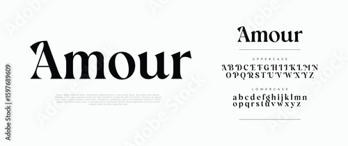 Amour luxury serif font logo. Elegant uppercase and lowercase typography for fashion, beauty, and high-end branding. Classic serif with modern decorative details. Vector illustration.

