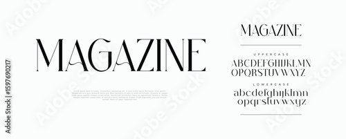 MAGAZINE modern elegant serif font. Stylish uppercase and lowercase alphabet typography for fashion, editorial, branding, and luxury design. Vector illustration.