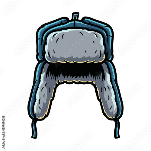Ushanka vector, colored cartoon with line art and white background. AI generated image.
