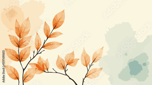Watercolor Autumn Leaves Branch: Soft Peach and Sage Green Background, Elegant Botanical Illustration, Peaceful Fall Mood.