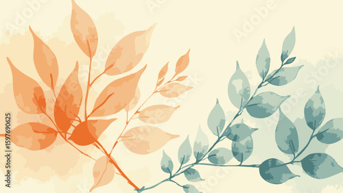 Watercolor Botanical Illustration: Peach and Teal Leaves on Cream Background, Elegant and Serene Design.
