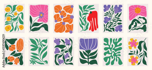 Flower doodle background art vector set. Botanical and leaves abstract shape doodle art design for print, wallpaper, clipart, wall art for home decoration.