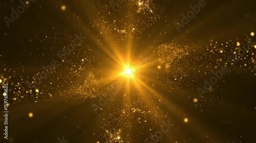 Gold burst with radiant rays and starry particles emanates from a central bright source