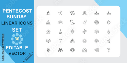Pentecost Sunday Linear Icons Set Editable Vector