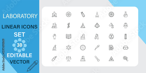 Thirty editable vector linear icons depicting various laboratory equipment, chemicals, and scientific symbols for research, chemistry, and science applications.