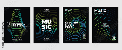 Music poster design background vector set. Electro Sound Cover template with vibrant abstract gradient geometric shape and line wave. Ideal design for social media, flyer, party, music festival, club.