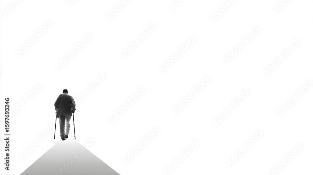 Person with crutches and insurance papers reflected in a calm puddle on a city street. on white background. Person with crutches and insurance papers reflected in a calm puddle on a city street. on white background.