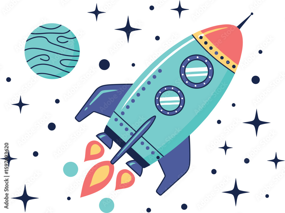 Naklejka premium Cartoon rocket ship flying in space with stars and planet vector illustration