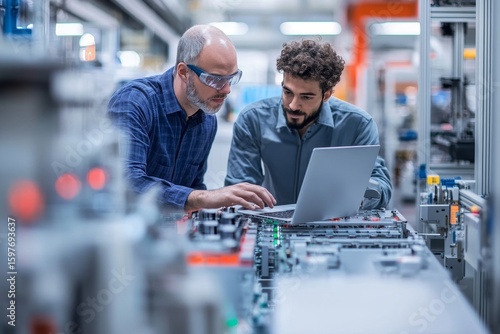 Portrait of an industrial engineer and project manager working together with a laptop in a modern factory setting, exemplifying teamwork and innovation in an industrial environment, Generative AI