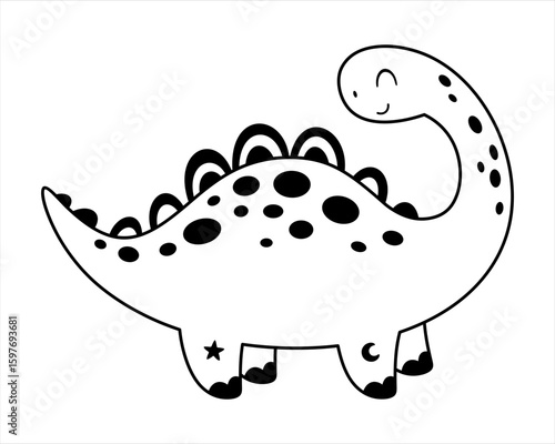 black and white brontosaurus dinosaur clipart, cute isolated cartoon character. Vector illustration
