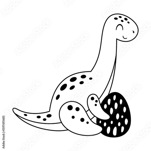Black and white brachiosaurus dinosaur with egg, cute isolated cartoon dino clipart. Vector illustration