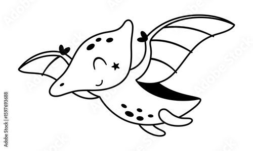Flying pterodactyl dinosaur clipart, black and white isolated cartoon character. Vector illustration