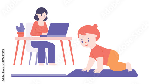Woman working on laptop at desk with cactus while baby crawls on mat in front of her in a flat design