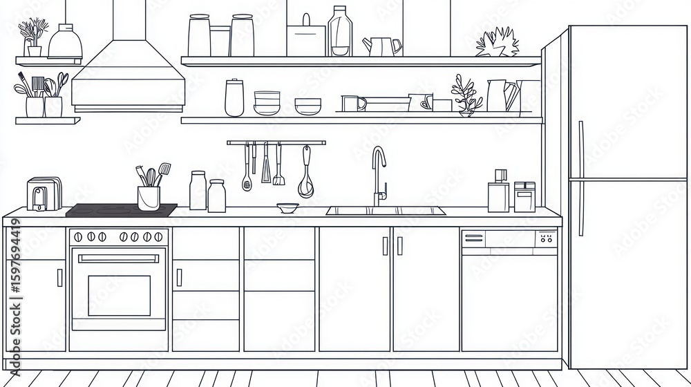 Fototapeta premium Line drawing of a modern kitchen interior.
