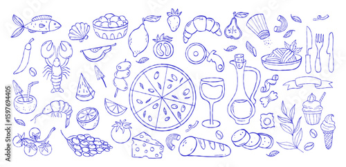 Mediterranean blue summer Italian food and drink set. la dolce vita. Outline Vintage aesthetics isolated minimal whimsical Hand sketch drawings on white background. Vector illustration. Not AI