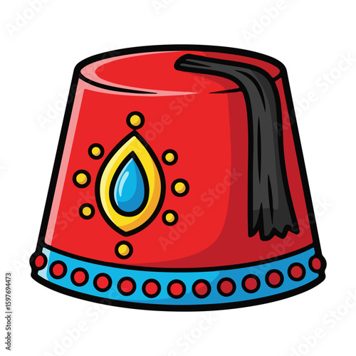 Fez hat vector, colored cartoon with line art and white background. AI generated image.