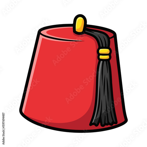 Fez hat vector, colored cartoon with line art and white background. AI generated image.