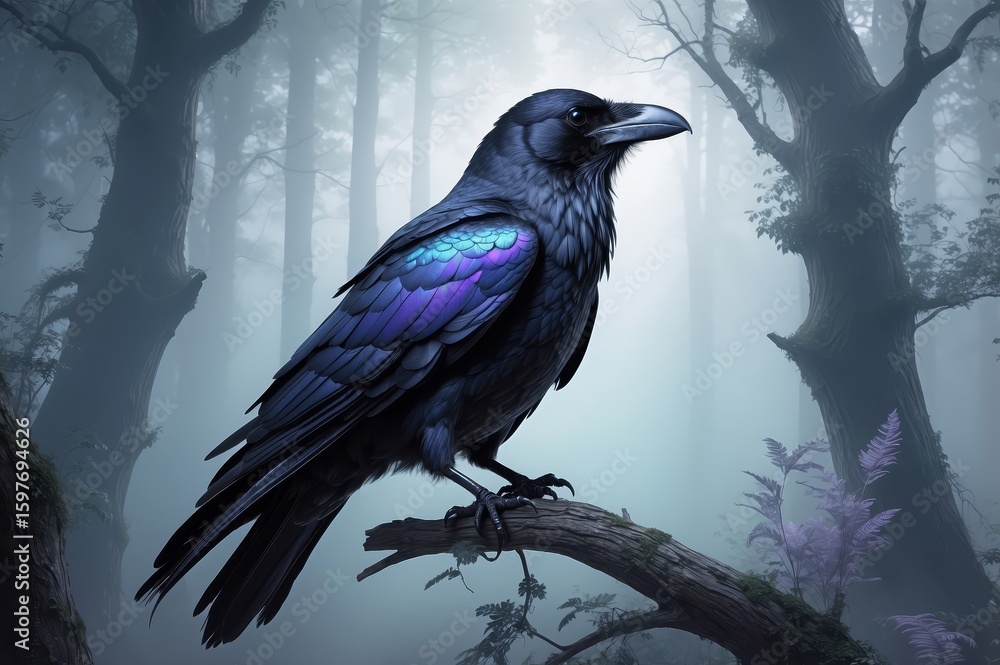 Fototapeta premium A majestic black raven with iridescent purple-blue wing feathers, perched on a moss-covered branch in a misty, dark forest
