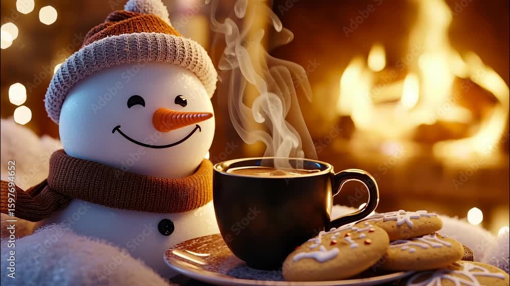 Steaming cup of hot chocolate and snowman of cozy cookies sit next plate a smiling to in front of a christmas fireplace video 4k