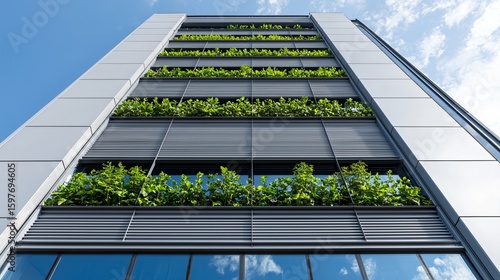 An intricate network of lush green foliage and thriving plants enveloping a modern building, showcasing biophilic design and the integration of nature for carbon sequestration