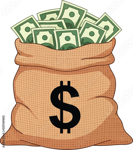 A money bag illustration filled with cash and a dollar sign on it.