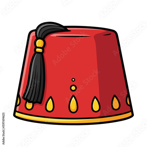 Fez hat vector, colored cartoon with line art and white background. AI generated image.