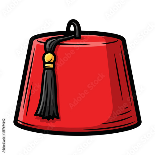Fez hat vector, colored cartoon with line art and white background. AI generated image.